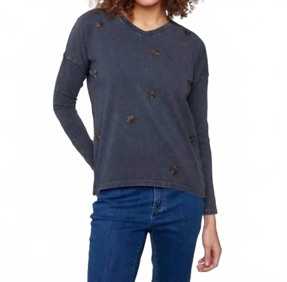 NEW CHARLIE B beaded longsleeve drop shoulder top in charcoal